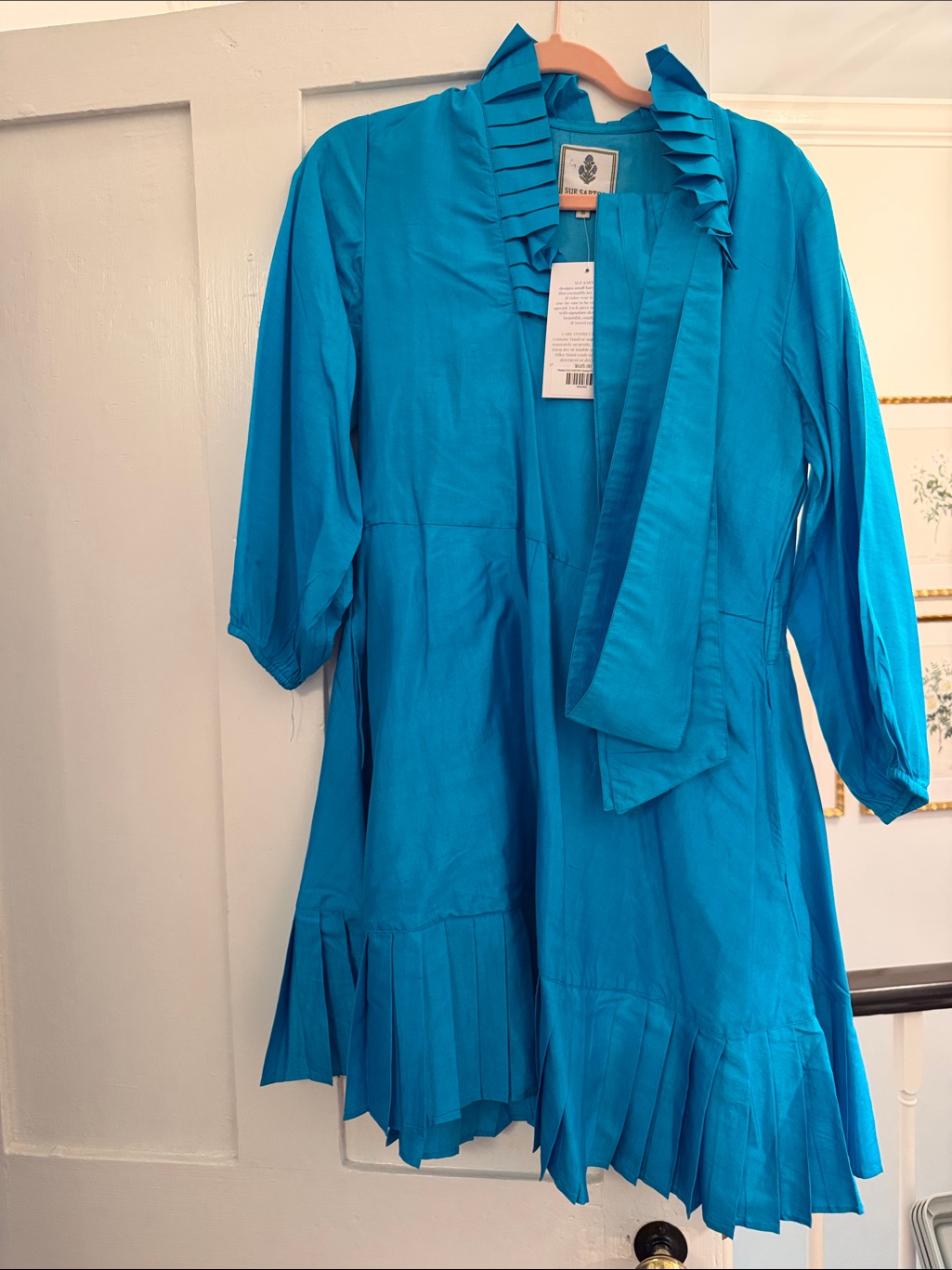 Sue Sartor Flounce Vibrant Peacock Blue Pleated Tie-Front Dress